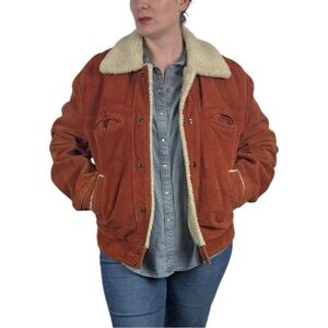 VINTAGE 70S OVERSIZED SUEDE LEATHER SNAP RUST BROWN BOMBER JACKET DAVID MICHAEL